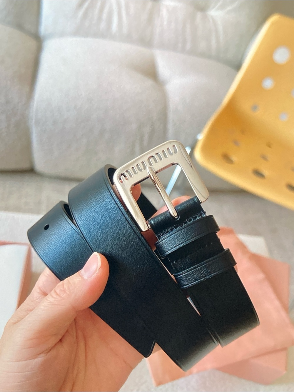 Miu Miu Gold Logo Black Leather Belt
